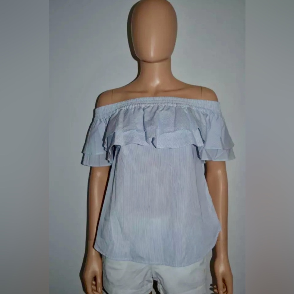 CHARLOTTE ESKILDSEN Blue/White Pinstripe Off Shoulder Ruffled Blouse SZ 32, XS